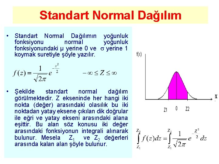 Standart Normal Dağılım • Standart Normal Dağılımın yoğunluk fonksiyonu normal yoğunluk fonksiyonundaki µ yerine