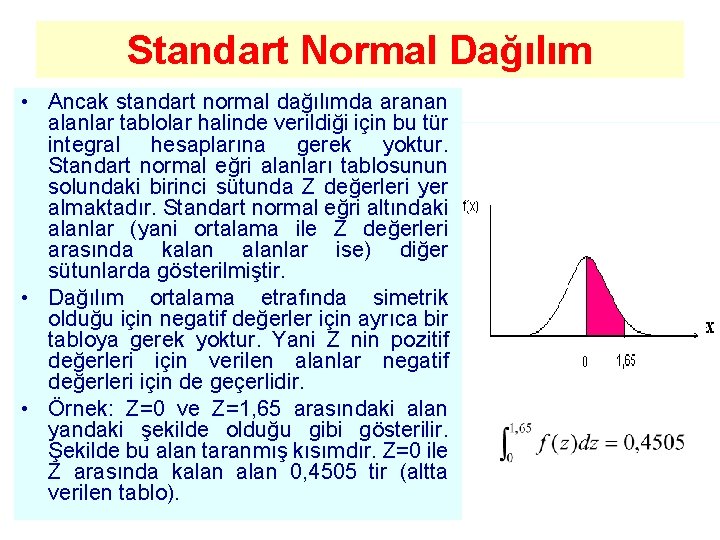 Standart Normal Dağılım • Ancak standart normal dağılımda aranan alanlar tablolar halinde verildiği için