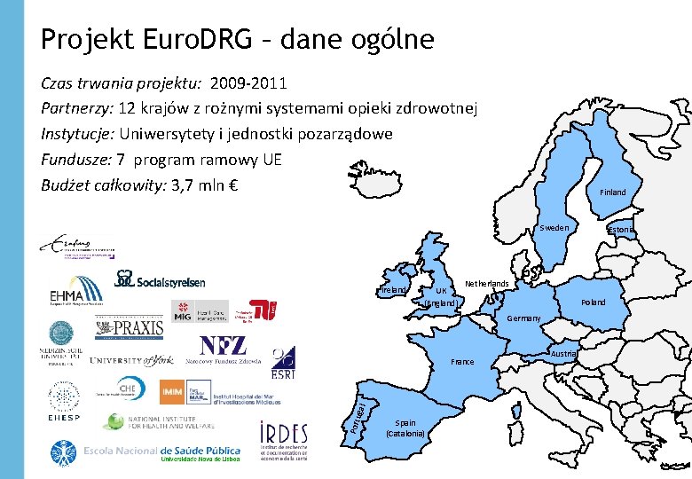 Projekt Euro. DRG – dane ogólne Czas trwania projektu: 2009 -2011 Partnerzy: 12 krajów