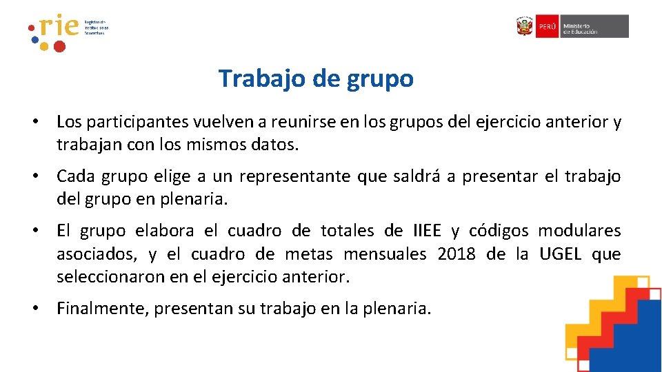 Trabajo de grupo • Los participantes vuelven a reunirse en los grupos del ejercicio