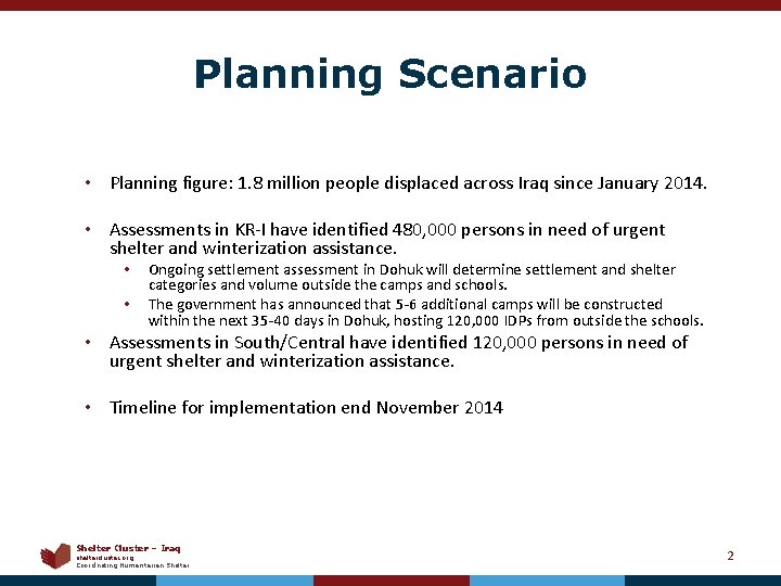 Planning Scenario • Planning figure: 1. 8 million people displaced across Iraq since January