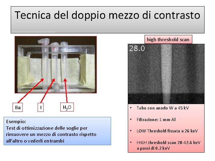 Tecnica del doppio mezzo di contrasto high threshold scan Ba I H 2 O