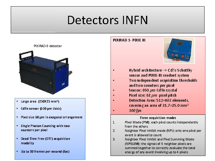 Detectors INFN PIXIRAD 1 - PIXIE III PIXIRAD-8 detector • • • Large area