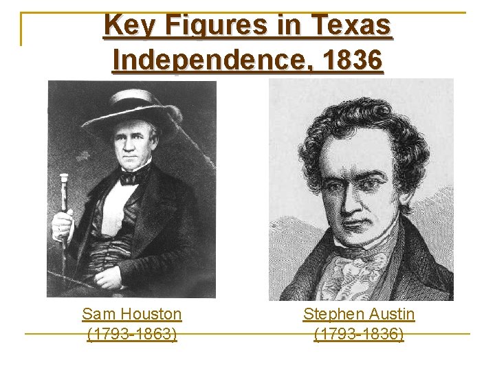 Key Figures in Texas Independence, 1836 Sam Houston (1793 -1863) Stephen Austin (1793 -1836)