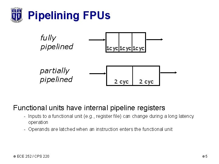 Pipelining FPUs fully pipelined partially pipelined 1 cyc 2 cyc Functional units have internal