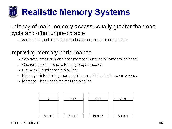Realistic Memory Systems Latency of main memory access usually greater than one cycle and