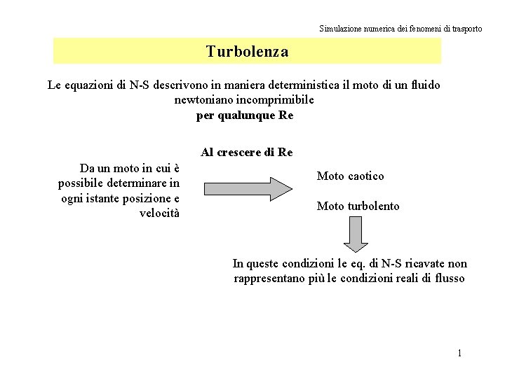 Simulazione numerica dei fenomeni di trasporto Turbolenza Le equazioni di N-S descrivono in maniera
