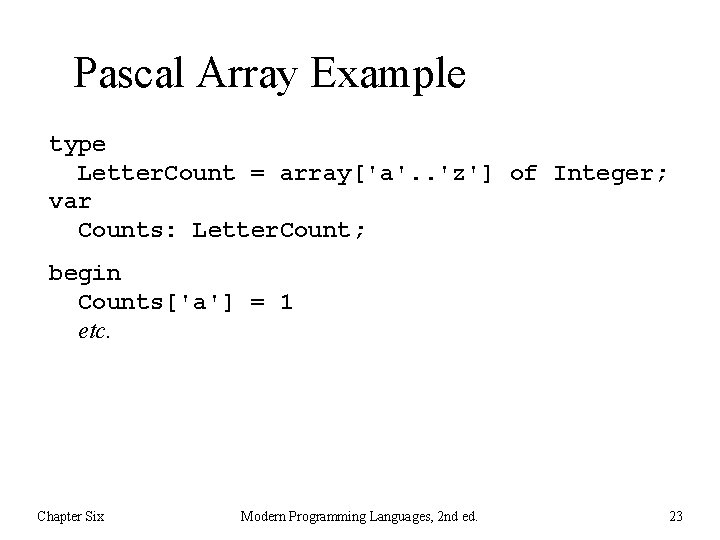 Pascal Array Example type Letter. Count = array['a'. . 'z'] of Integer; var Counts: