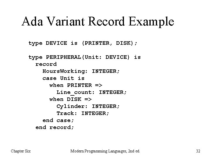 Ada Variant Record Example type DEVICE is (PRINTER, DISK); type PERIPHERAL(Unit: DEVICE) is record