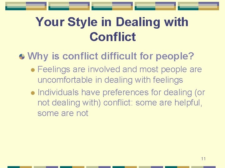 Your Style in Dealing with Conflict Why is conflict difficult for people? Feelings are