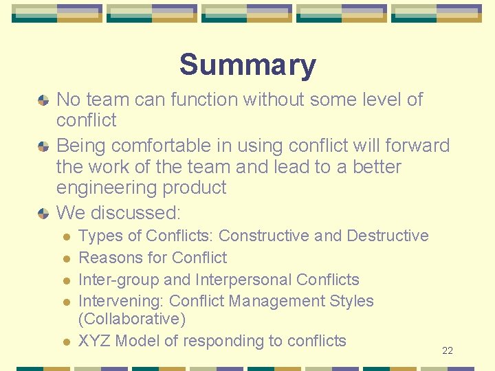 Summary No team can function without some level of conflict Being comfortable in using