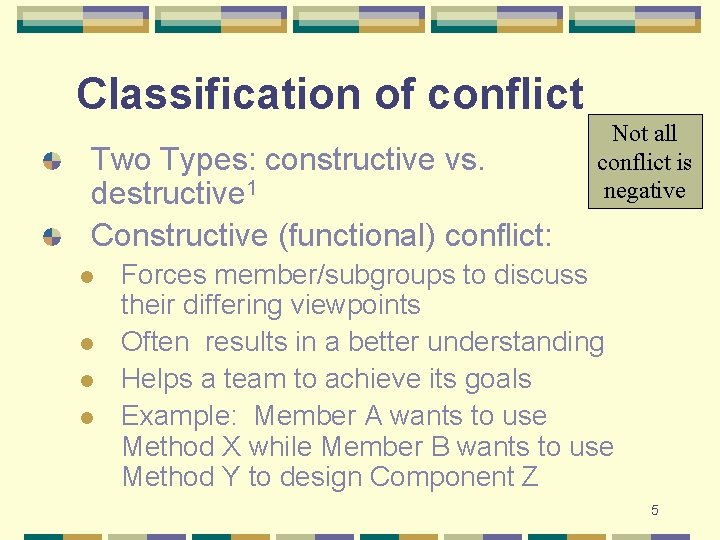 Classification of conflict Two Types: constructive vs. destructive 1 Constructive (functional) conflict: l l