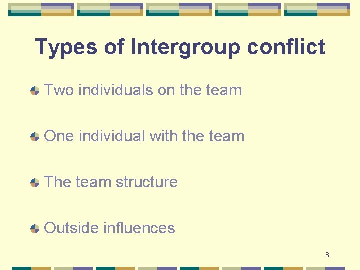 Types of Intergroup conflict Two individuals on the team One individual with the team