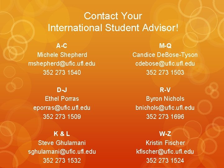 Contact Your International Student Advisor! A-C Michele Shepherd mshepherd@ufic. ufl. edu 352 273 1540 Contact Your International Student Advisor! A-C Michele Shepherd mshepherd@ufic. ufl. edu 352 273 1540