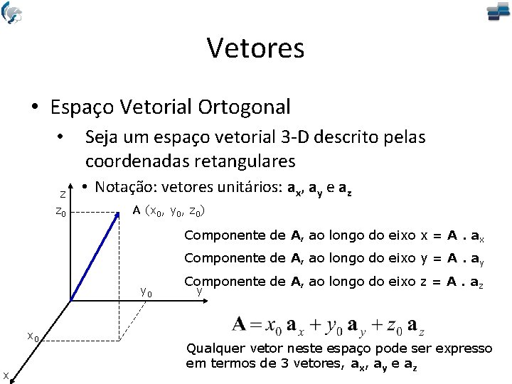 Vetores • Espaço Vetorial Ortogonal • z z 0 Seja um espaço vetorial 3