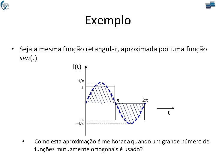 Exemplo • Seja a mesma função retangular, aproximada por uma função sen(t) f(t) 4/p