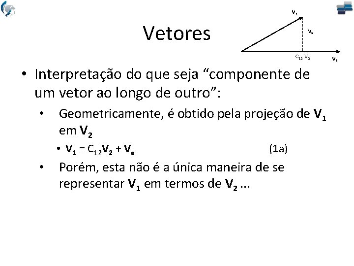 V 1 Vetores Ve C 12 V 2 • Interpretação do que seja “componente