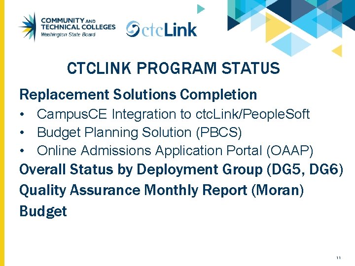 CTCLINK PROGRAM STATUS Replacement Solutions Completion • Campus. CE Integration to ctc. Link/People. Soft