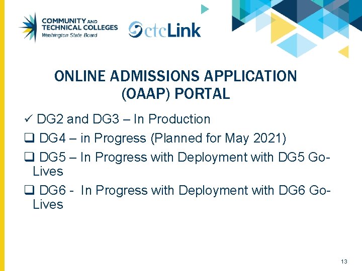 ONLINE ADMISSIONS APPLICATION (OAAP) PORTAL ü DG 2 and DG 3 – In Production