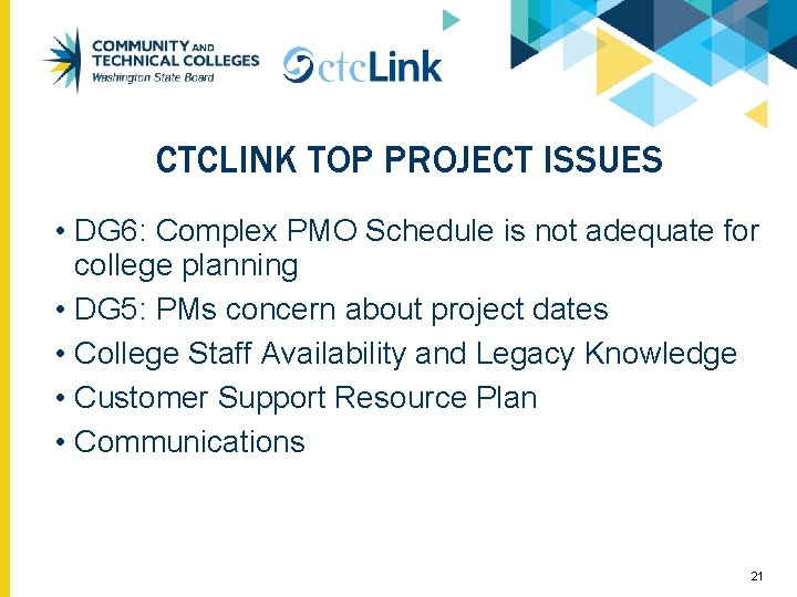 CTCLINK TOP PROJECT ISSUES • DG 6: Complex PMO Schedule is not adequate for