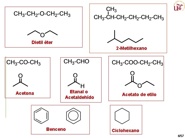 Dietil éter 2 -Metilhexano Acetona Etanal o Acetaldehído Benceno Acetato de etilo Ciclohexano 6/57