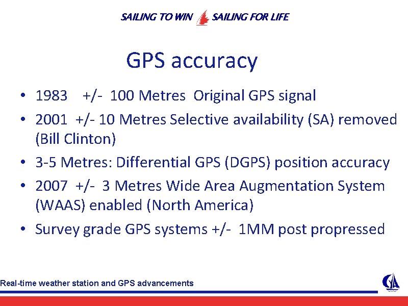 SAILING TO WIN SAILING FOR LIFE GPS accuracy • 1983 +/- 100 Metres Original