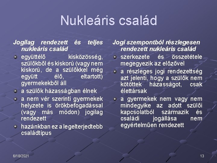 Nukleáris család Jogilag rendezett és teljes nukleáris család együttélő kisközösség, szülőkből és kiskorú (vagy