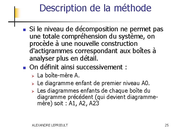 Description de la méthode n n Si le niveau de décomposition ne permet pas