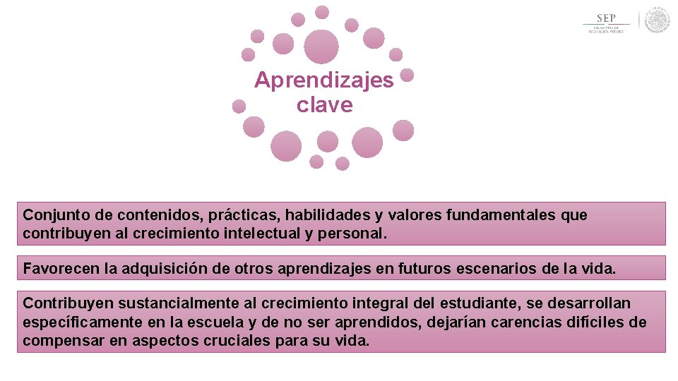 Aprendizajes clave Conjunto de contenidos, prácticas, habilidades y valores fundamentales que contribuyen al crecimiento Aprendizajes clave Conjunto de contenidos, prácticas, habilidades y valores fundamentales que contribuyen al crecimiento