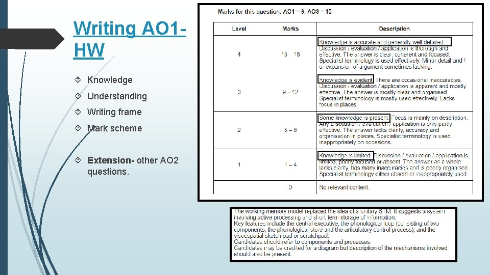 Writing AO 1 HW Knowledge Understanding Writing frame Mark scheme Extension- other AO 2