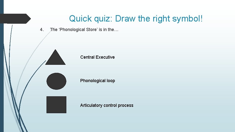 Quick quiz: Draw the right symbol! 4. The ‘Phonological Store’ is in the… Central