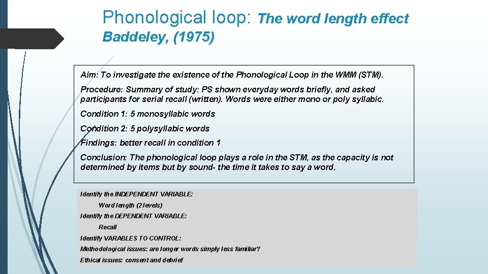 Phonological loop: The word length effect Baddeley, (1975) Aim: To investigate the existence of
