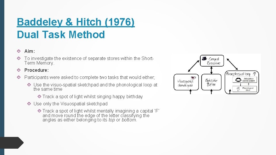 Baddeley & Hitch (1976) Dual Task Method Aim: To investigate the existence of separate