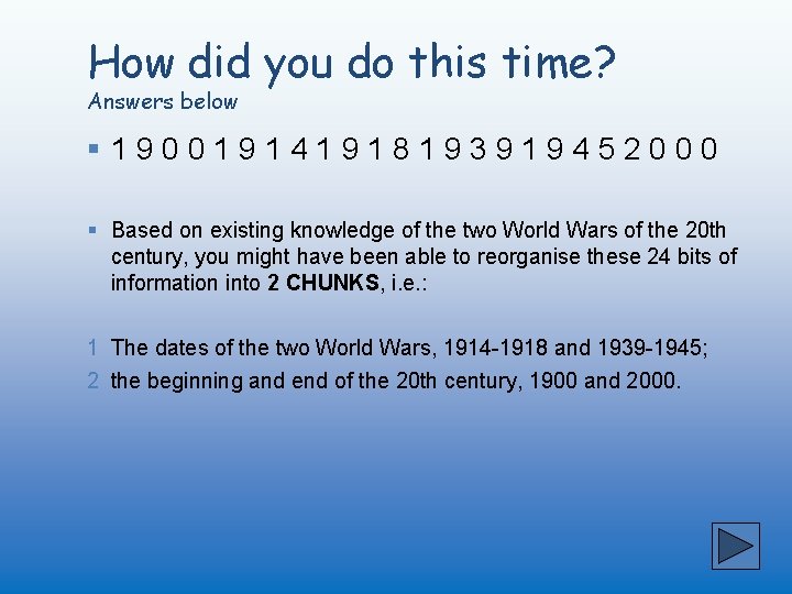 How did you do this time? Answers below § 190019141918193919452000 § Based on existing