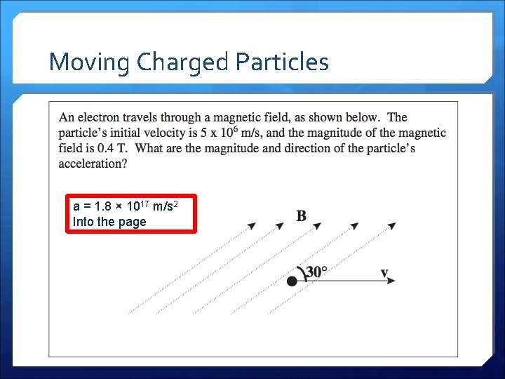 Moving Charged Particles a = 1. 8 × 1017 m/s 2 Into the page