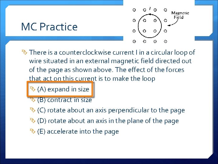 MC Practice There is a counterclockwise current I in a circular loop of wire