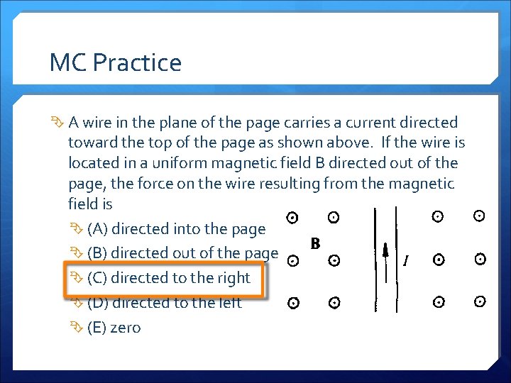 MC Practice A wire in the plane of the page carries a current directed