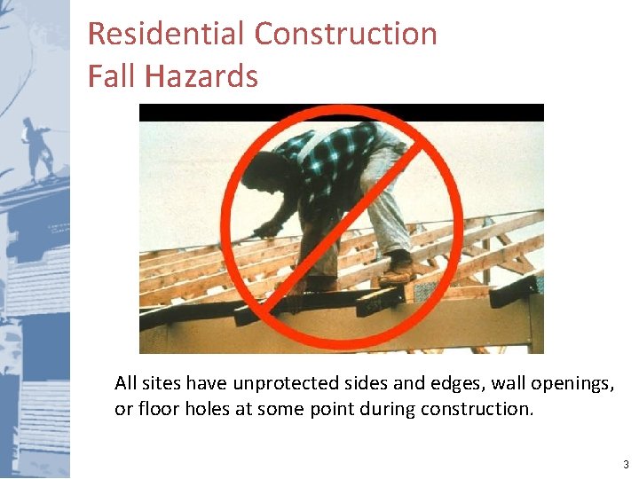 Residential Construction Fall Hazards All sites have unprotected sides and edges, wall openings, or