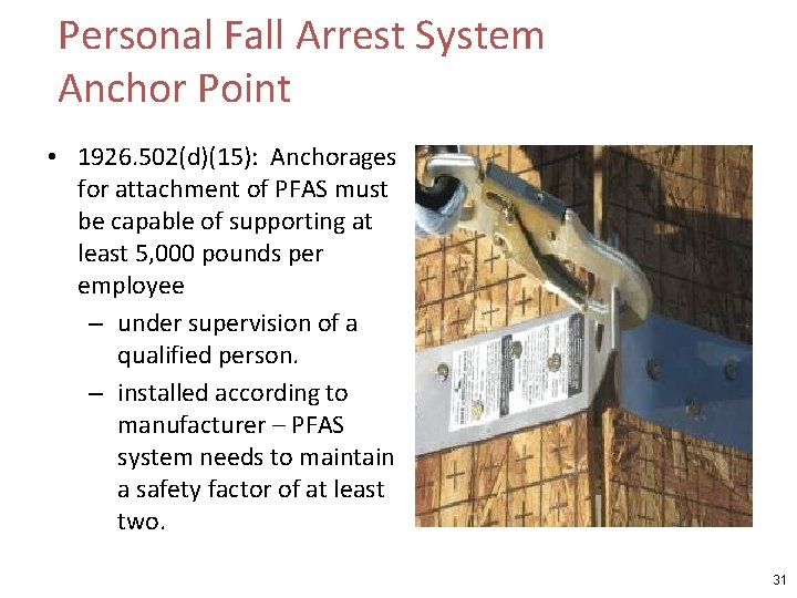 Personal Fall Arrest System Anchor Point • 1926. 502(d)(15): Anchorages for attachment of PFAS