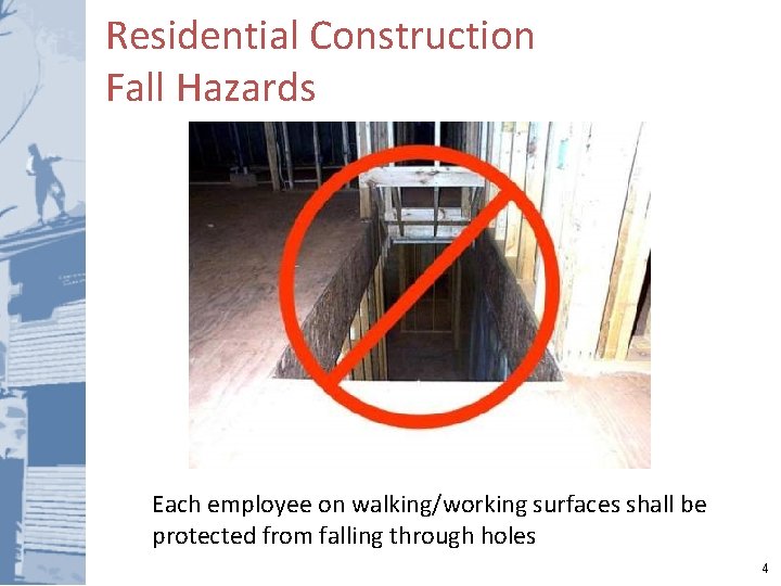 Residential Construction Fall Hazards Each employee on walking/working surfaces shall be protected from falling