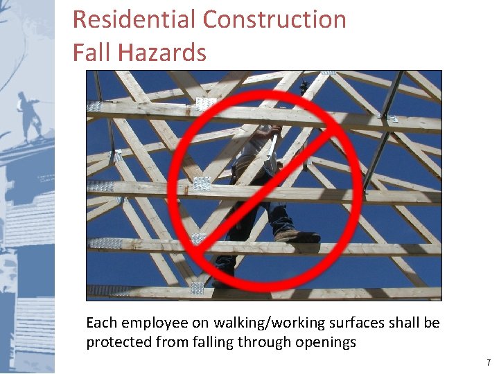 Residential Construction Fall Hazards Each employee on walking/working surfaces shall be protected from falling