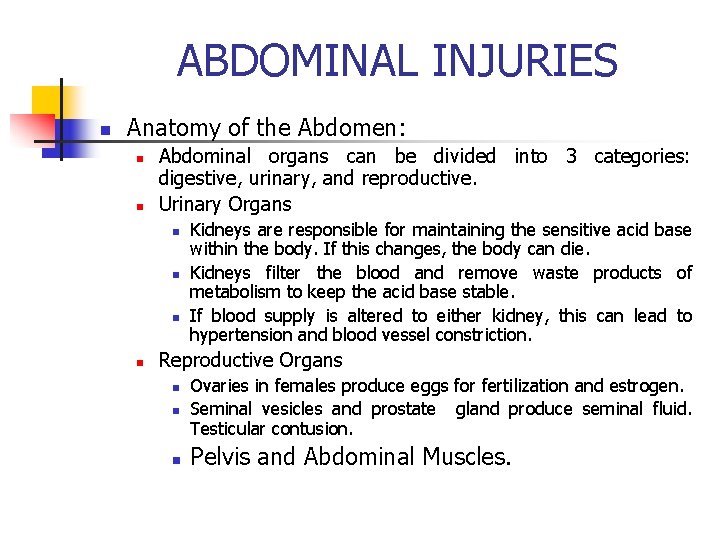 ABDOMINAL INJURIES n Anatomy of the Abdomen: n n Abdominal organs can be divided