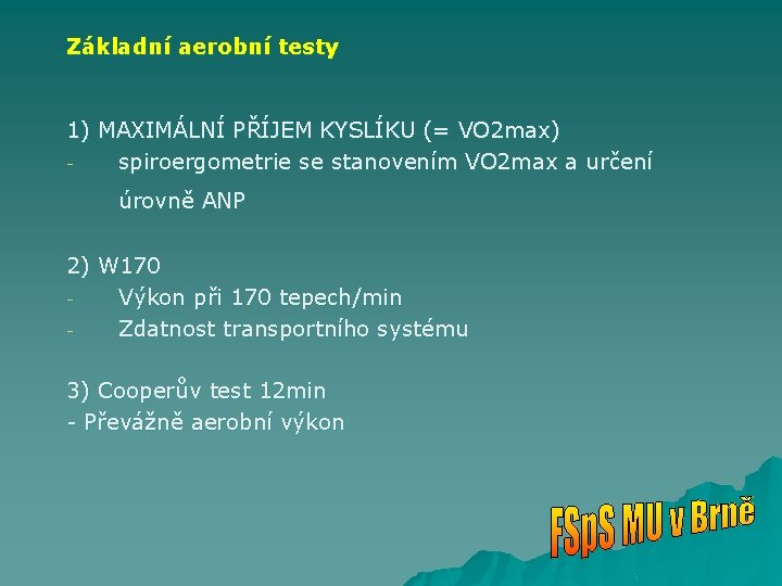 Základní aerobní testy 1) MAXIMÁLNÍ PŘÍJEM KYSLÍKU (= VO 2 max) spiroergometrie se stanovením