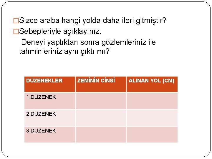 �Sizce araba hangi yolda daha ileri gitmiştir? �Sebepleriyle açıklayınız. Deneyi yaptıktan sonra gözlemleriniz ile