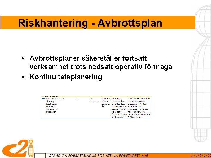 Riskhantering - Avbrottsplan • Avbrottsplaner säkerställer fortsatt verksamhet trots nedsatt operativ förmåga • Kontinuitetsplanering