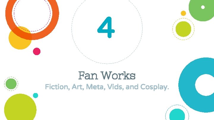 4 Fan Works Fiction, Art, Meta, Vids, and Cosplay. 