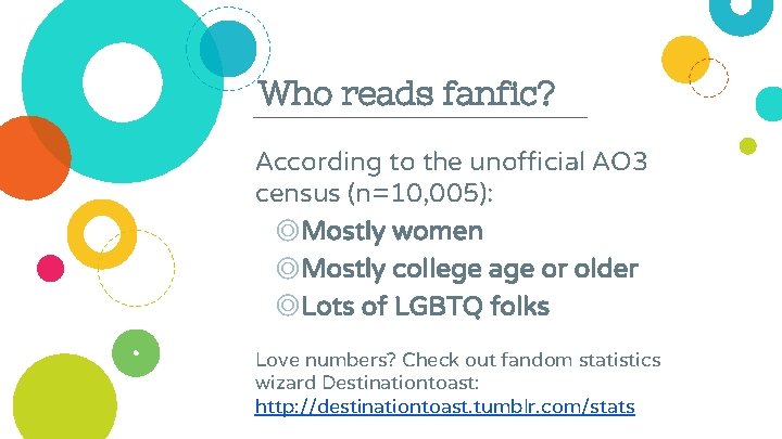 Who reads fanfic? According to the unofficial AO 3 census (n=10, 005): ◎Mostly women