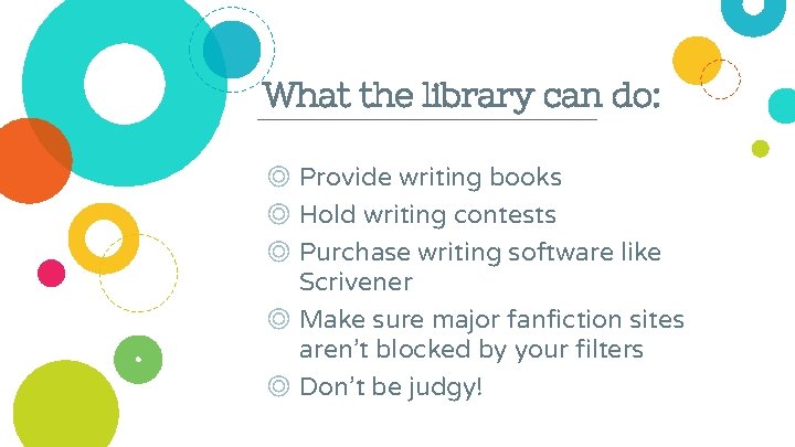 What the library can do: ◎ Provide writing books ◎ Hold writing contests ◎