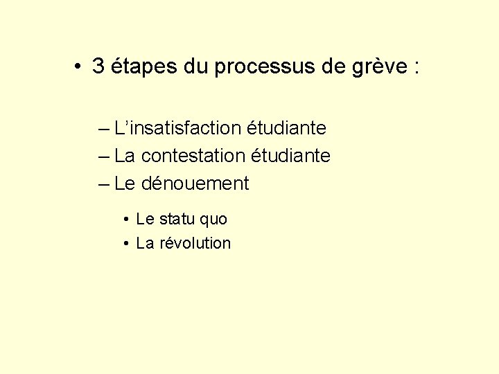  • 3 étapes du processus de grève : – L’insatisfaction étudiante – La