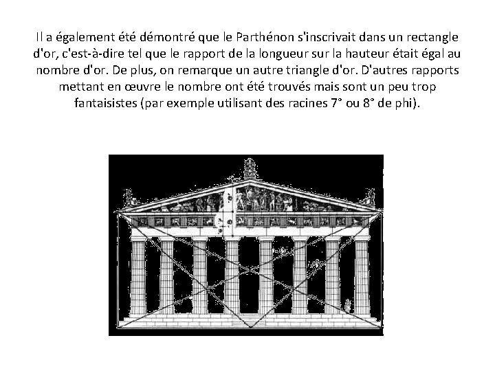 Il a également été démontré que le Parthénon s'inscrivait dans un rectangle d'or, c'est-à-dire